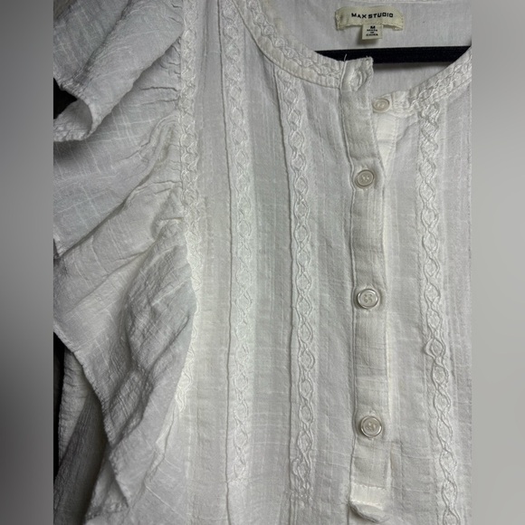 Max Studio White Ruffle Mini Dress. Cotton/Rayon Blend. Embroidery/Buttons chest - Picture 12 of 12
